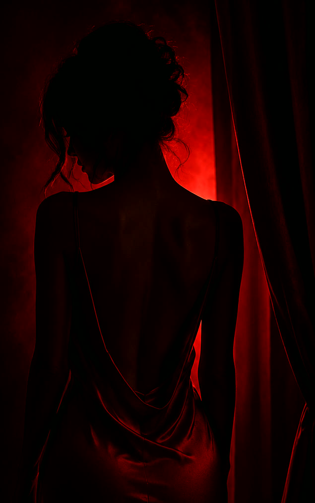 Woman in a red silk dress standing in shadow, lit by deep crimson light